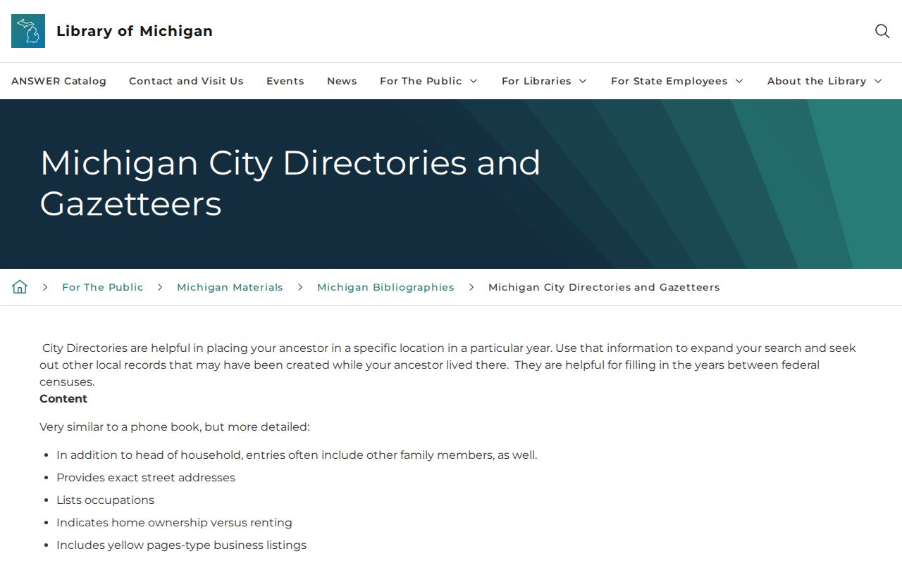 Brownstown Township previous residents research view of Library of Michigan city-directory field guidance