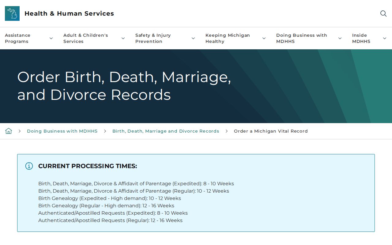Brownstown Township resident lookup reference for Michigan Vital Records order methods and eligibility information