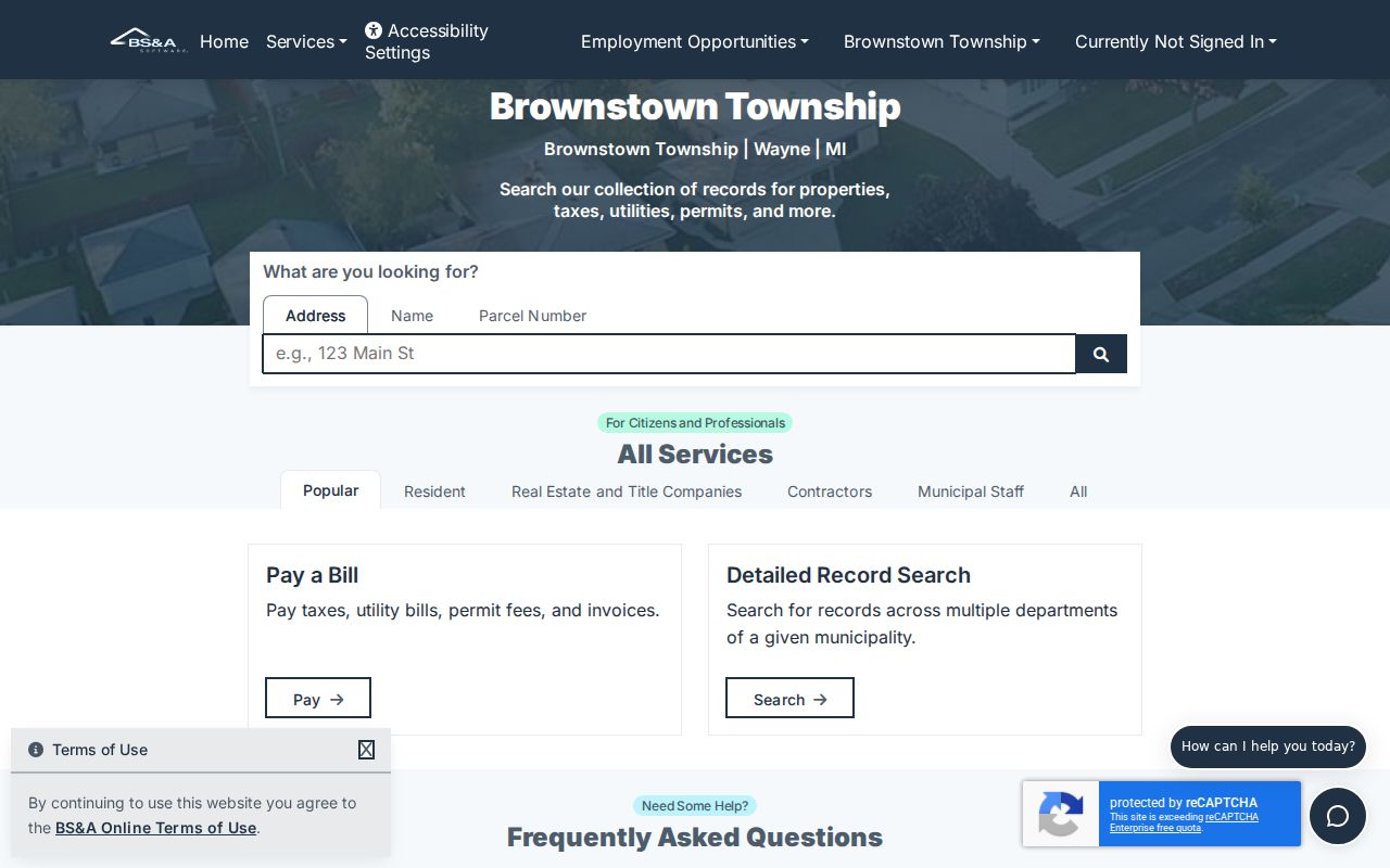 Brownstown Township residents directory BS&A property search fields