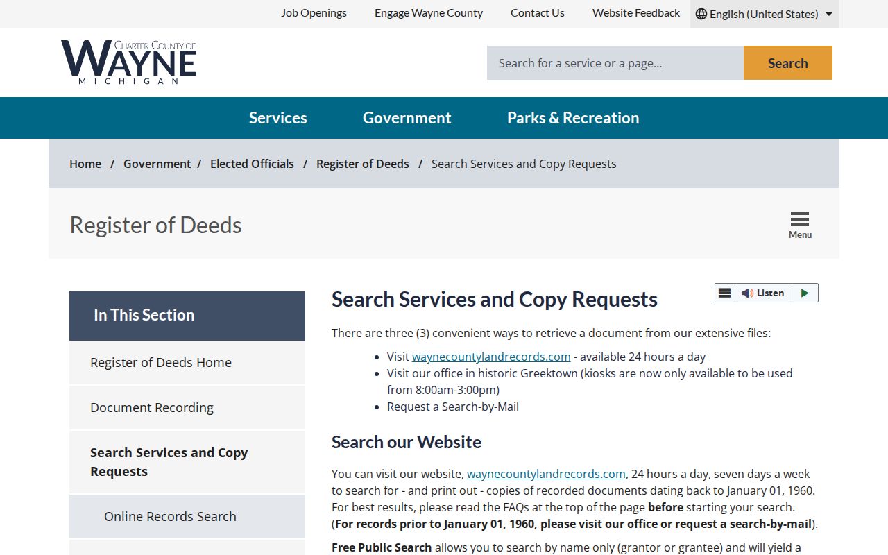 Brownstown Township previous residents research reference for Wayne Register of Deeds fees and copy-access routes